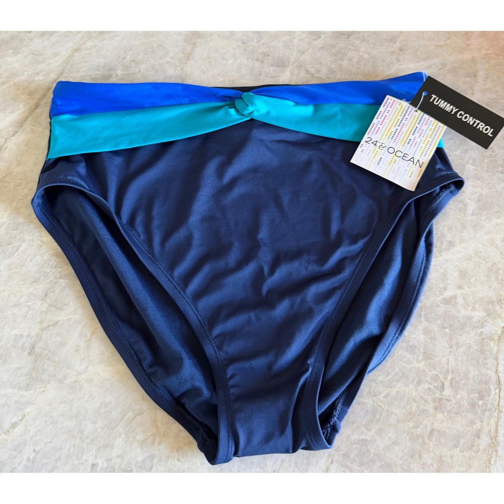 24th & Ocean Navy Blue Tummy Control High Waist Bikini Bottoms Size Medium NWT
